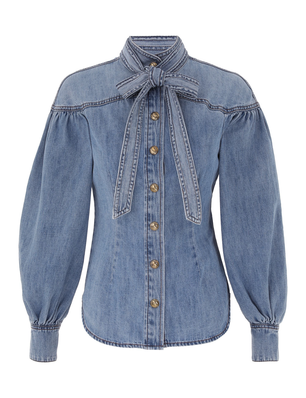 Denim Tie Neck Blouse