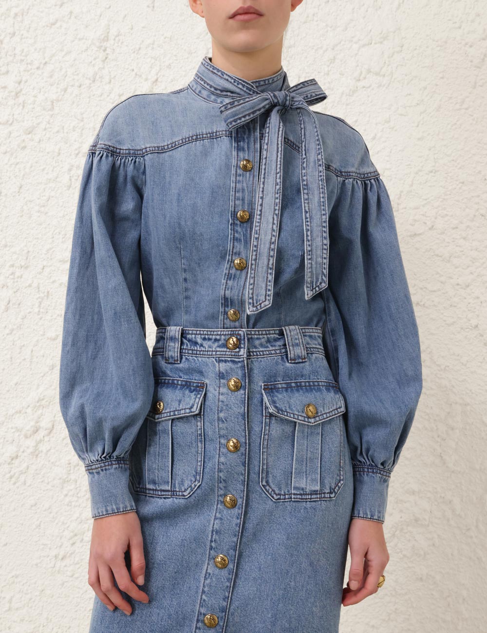 Denim Tie Neck Blouse 3 Denim Tie Neck Blouse